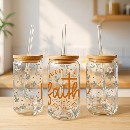 Walk by Faith Glass Can Tumbler